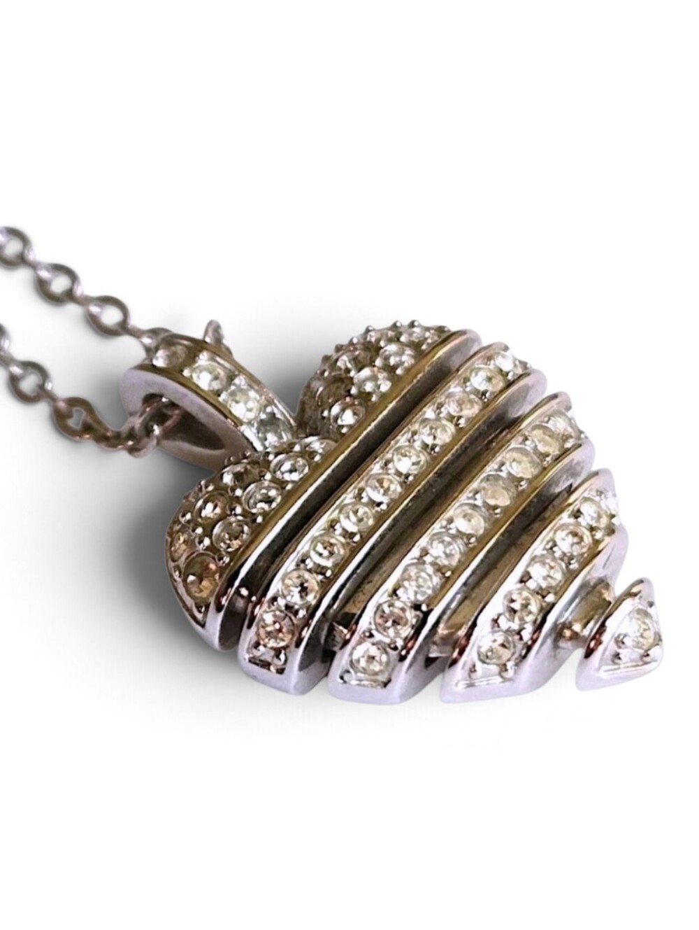 Swarovski Crystal Pave Heart Pendant Necklace Ribbed Silver Tone Signed 15"-17"